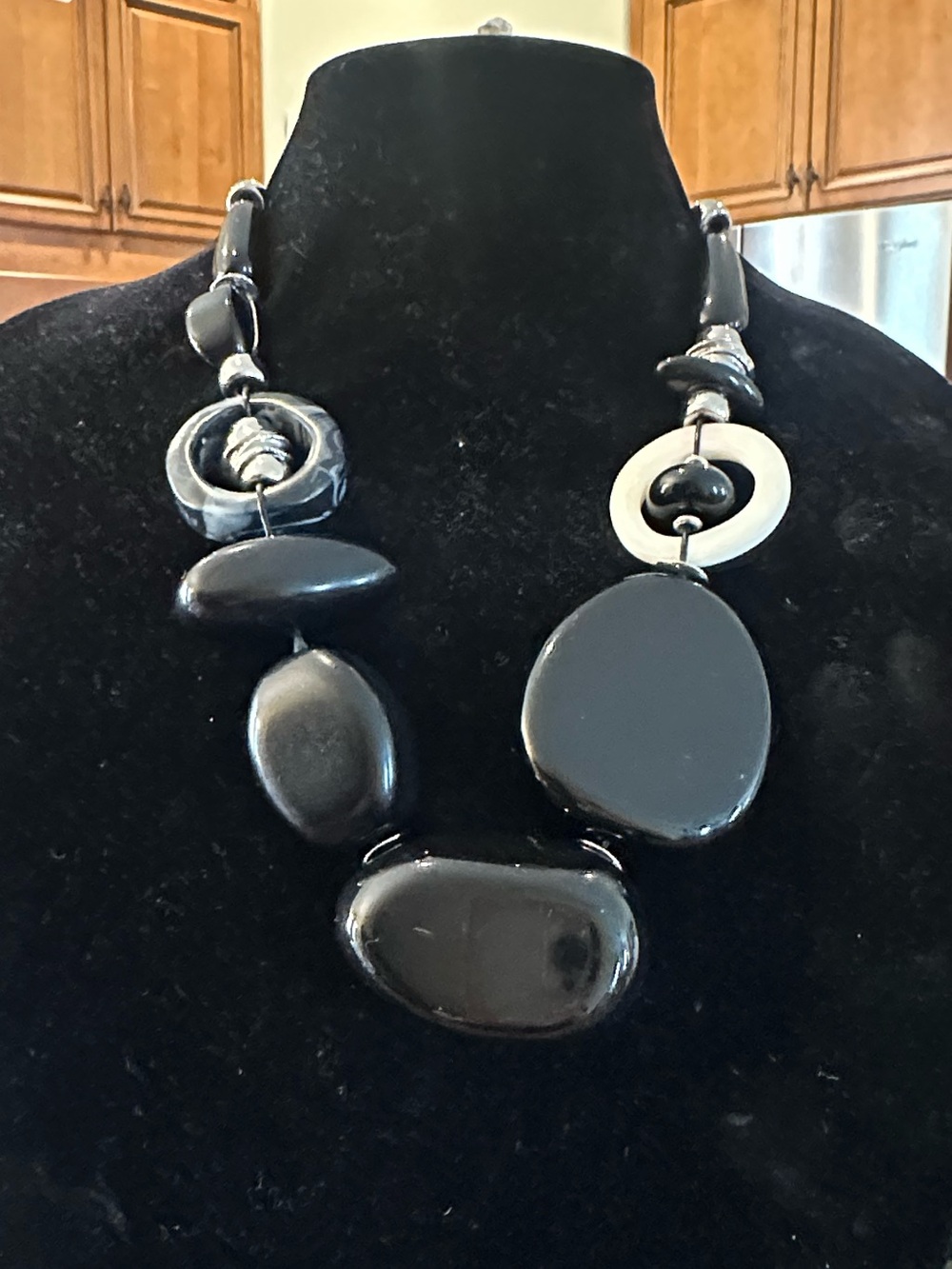Chico's Chunky Asymmetrical Statement Necklace Black Marbled Resin Silver